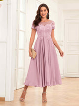Gorgeous Illusion A-Line Tea Length Lace Mother Of The Bride Dresses