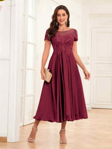 Gorgeous Illusion A-Line Tea Length Lace Mother Of The Bride Dresses
