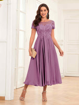 Gorgeous Illusion A-Line Tea Length Lace Mother Of The Bride Dresses