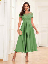 Gorgeous Illusion A-Line Tea Length Lace Mother Of The Bride Dresses