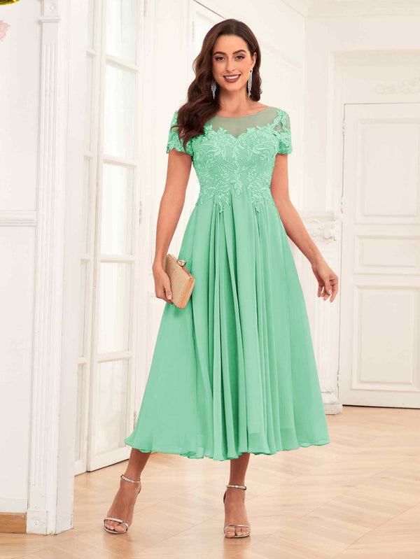 Mint Green Gorgeous Illusion A-Line Tea Length Lace Mother Of The Bride Dresses
