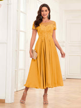Gorgeous Illusion A-Line Tea Length Lace Mother Of The Bride Dresses