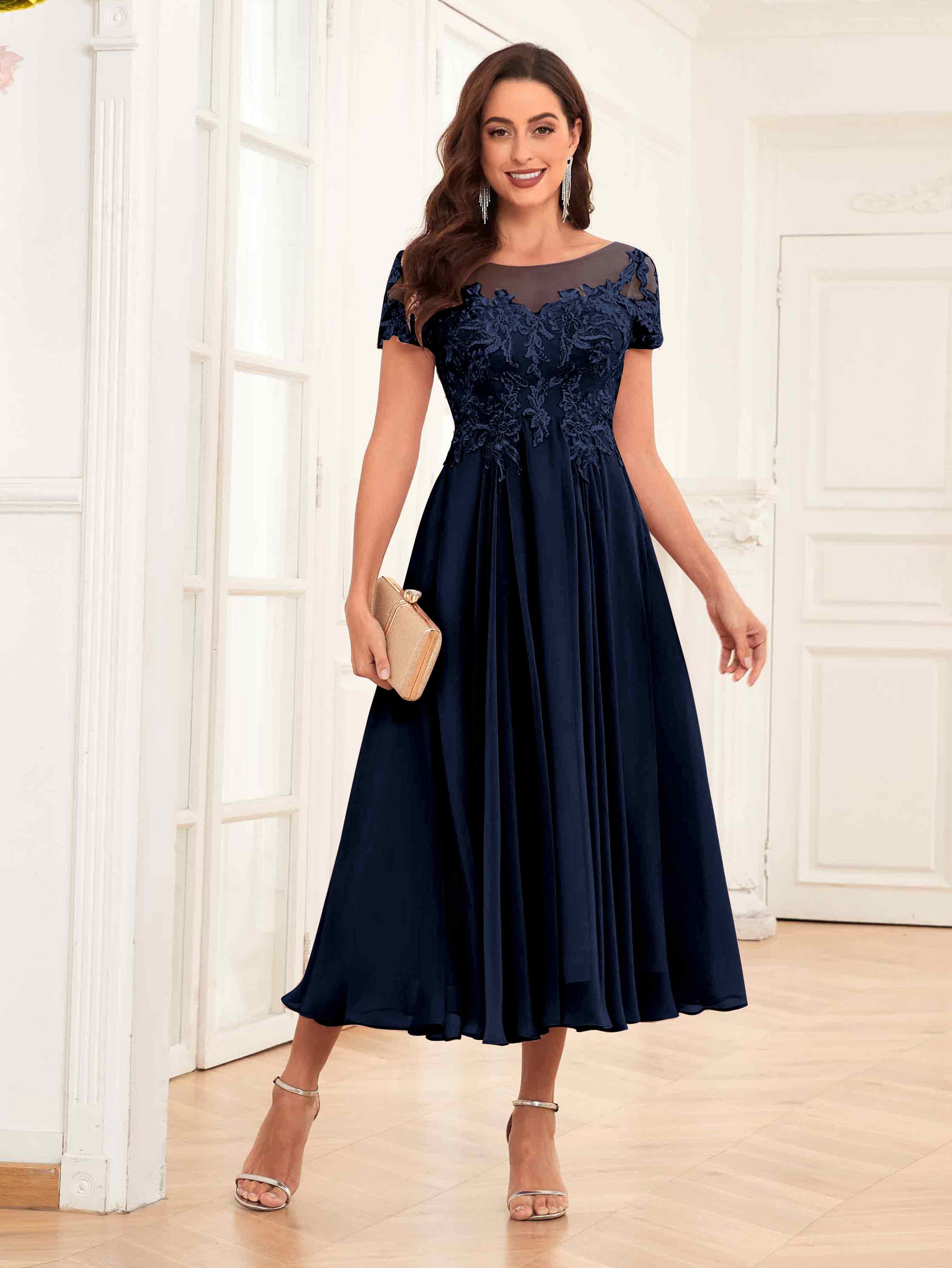 Gorgeous Illusion A-Line Tea Length Lace Mother Of The Bride Dresses –