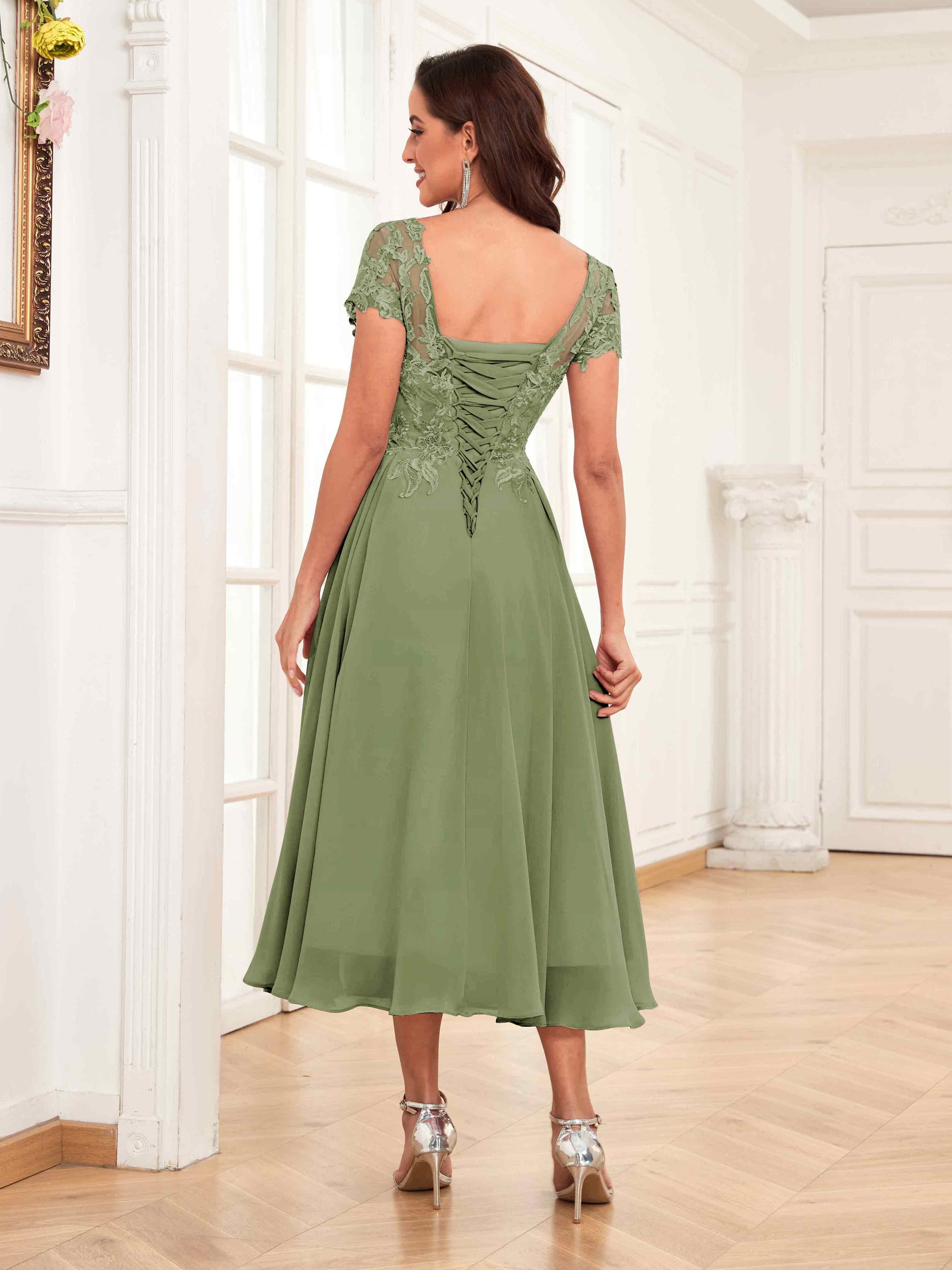 a line tea length dress A-line Satin Off Shoulder Tea-Length Wedding Dresses, Wedding Gown, MW721