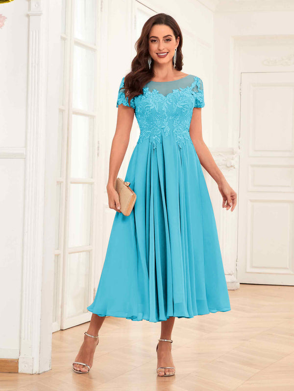 Pool Gorgeous Illusion A-Line Tea Length Lace Mother Of The Bride Dresses