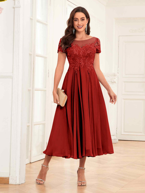 Red Gorgeous Illusion A-Line Tea Length Lace Mother Of The Bride Dresses