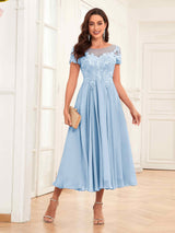 Gorgeous Illusion A-Line Tea Length Lace Mother Of The Bride Dresses