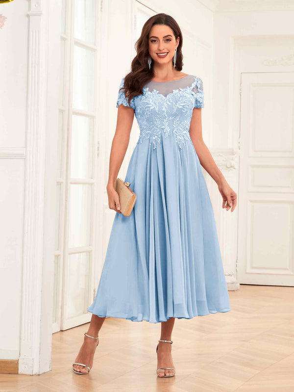 Sky Blue Gorgeous Illusion A-Line Tea Length Lace Mother Of The Bride Dresses