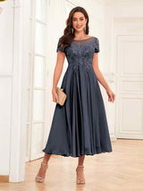 Gorgeous Illusion A-Line Tea Length Lace Mother Of The Bride Dresses
