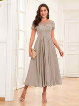 Gorgeous Illusion A-Line Tea Length Lace Mother Of The Bride Dresses