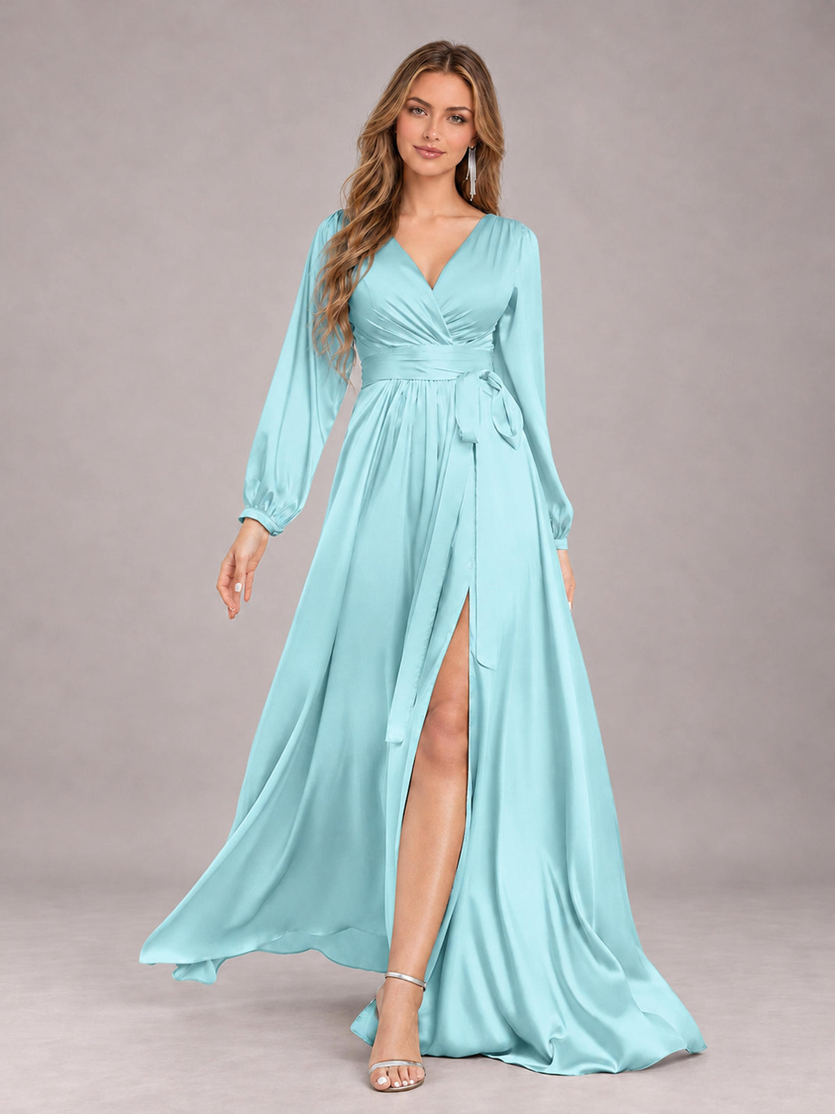 Aqua Blue Gorgeous V-Neck Long Sleeves Pleated Satin Formal Bridesmaid Dresses With Slit