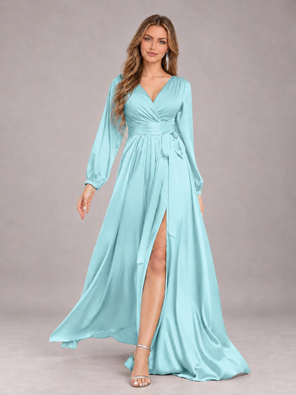 Aqua Blue Gorgeous V-Neck Long Sleeves Pleated Satin Formal Bridesmaid Dresses With Slit