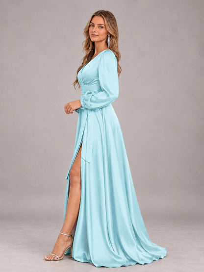 Aqua Blue Gorgeous V-Neck Long Sleeves Pleated Satin Formal Bridesmaid Dresses With Slit