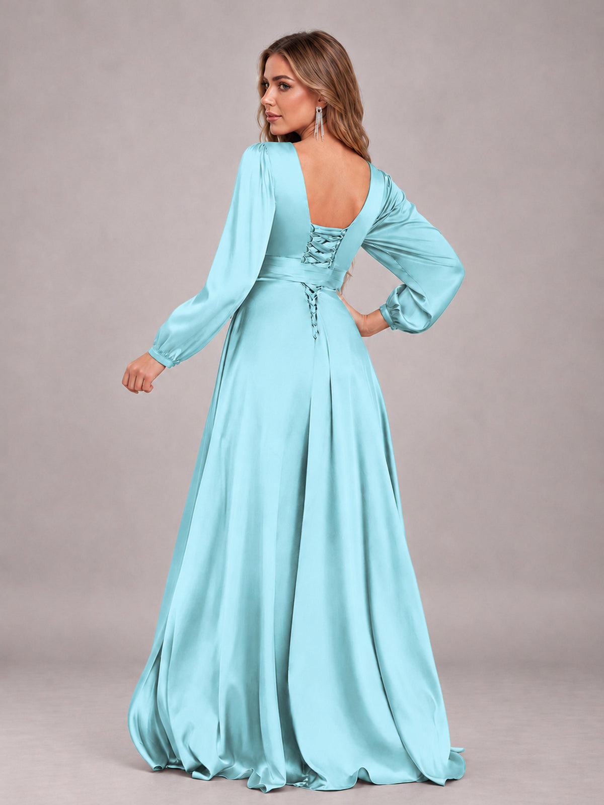 Aqua Blue Gorgeous V-Neck Long Sleeves Pleated Satin Formal Bridesmaid Dresses With Slit