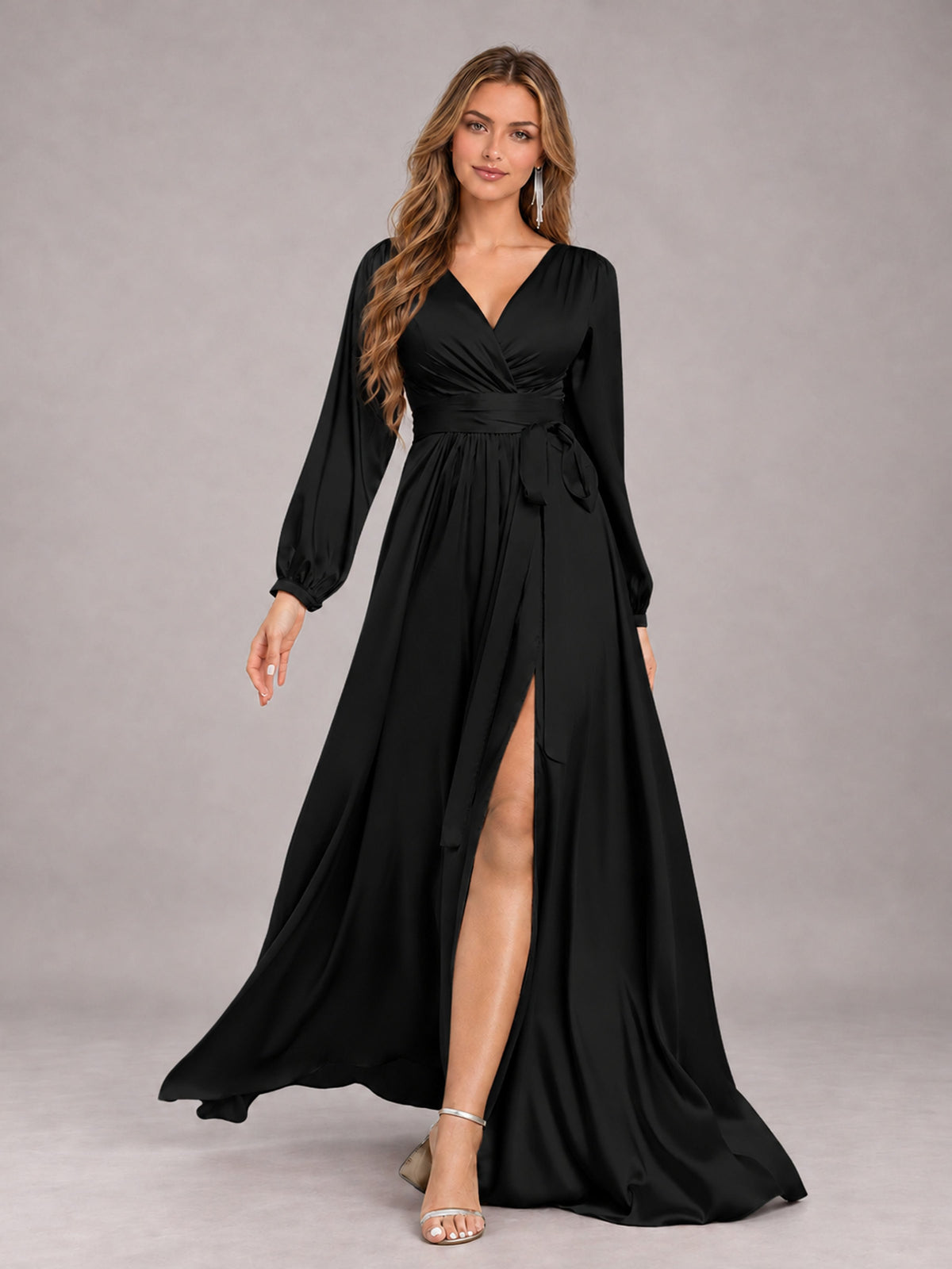 Black Gorgeous V-Neck Long Sleeves Pleated Satin Formal Bridesmaid Dresses With Slit