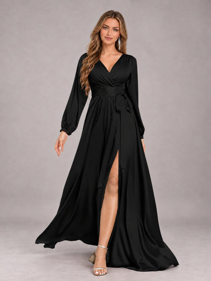 Black Gorgeous V-Neck Long Sleeves Pleated Satin Formal Bridesmaid Dresses With Slit