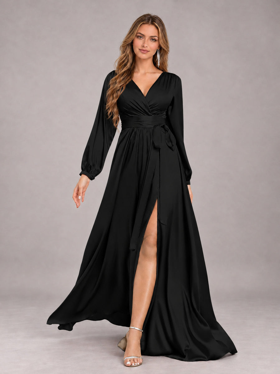 Black Gorgeous V-Neck Long Sleeves Pleated Satin Formal Bridesmaid Dresses With Slit