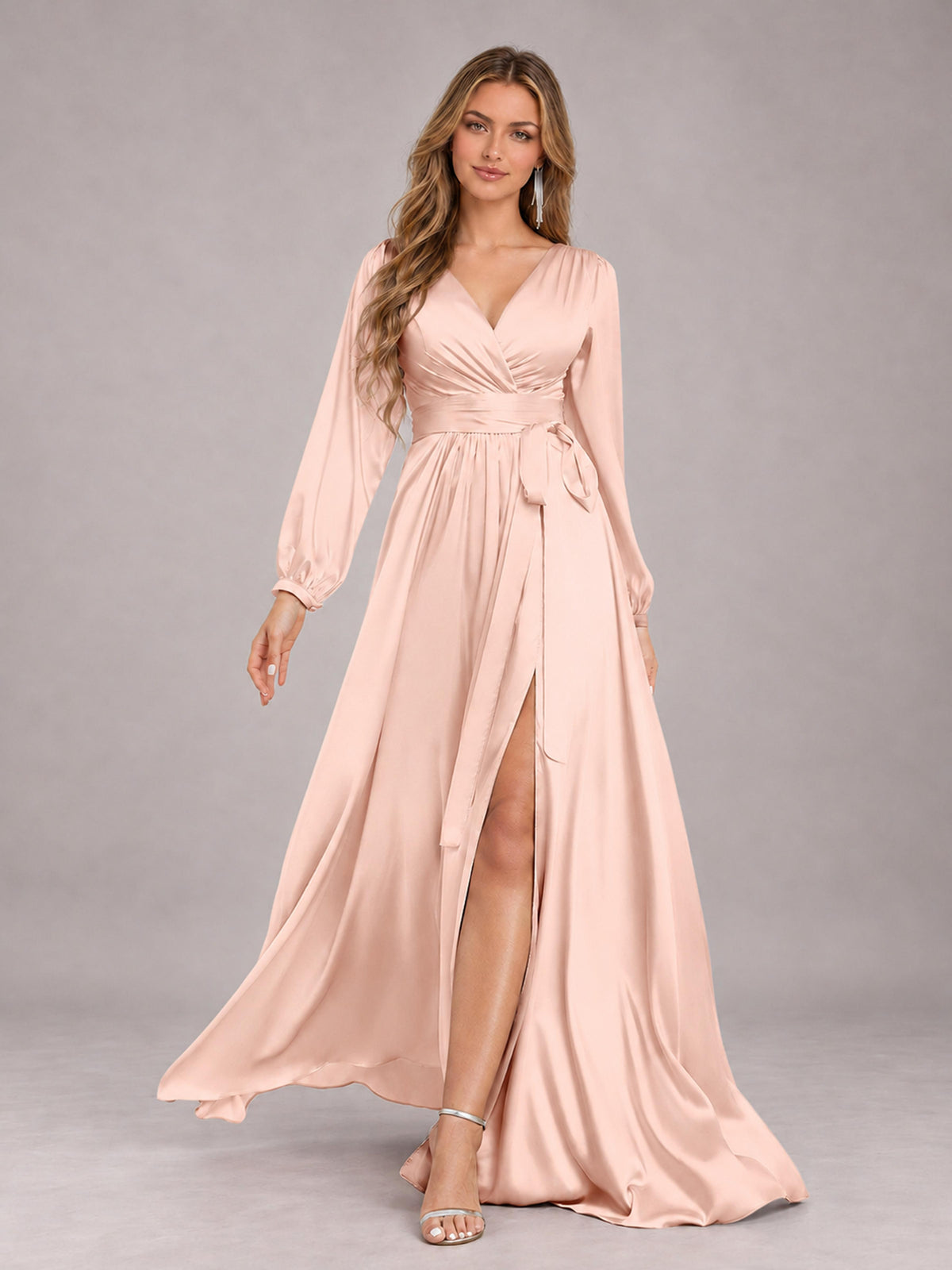 Blush Pink Gorgeous V-Neck Long Sleeves Pleated Satin Formal Bridesmaid Dresses With Slit