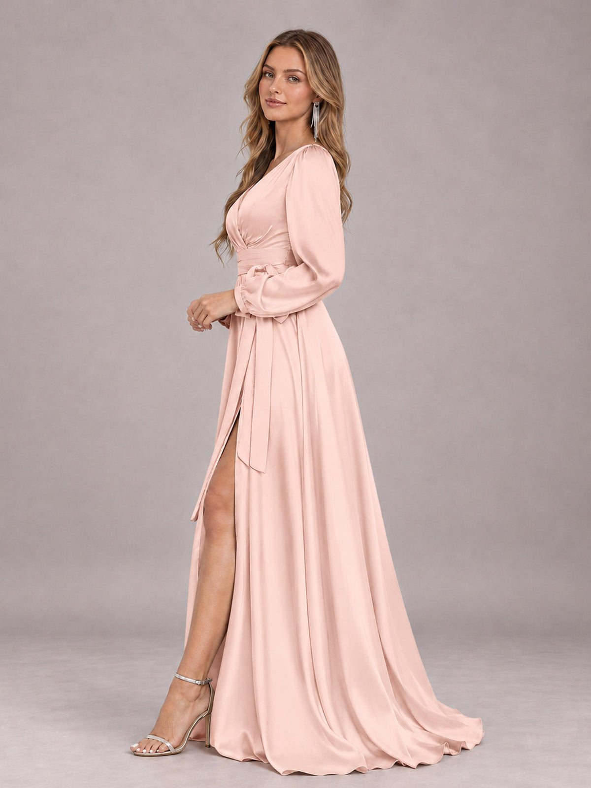 Blush Pink Gorgeous V-Neck Long Sleeves Pleated Satin Formal Bridesmaid Dresses With Slit