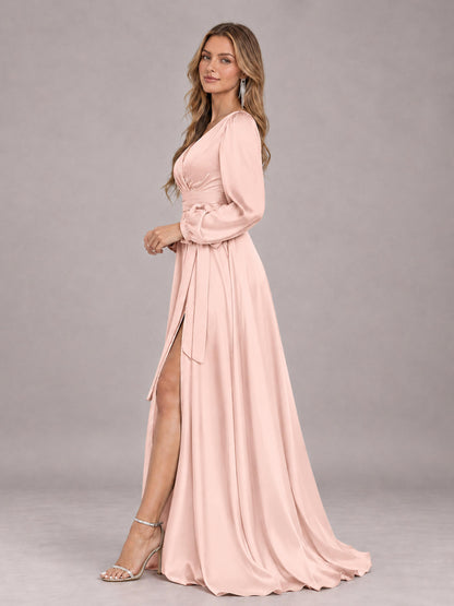 Blush Pink Gorgeous V-Neck Long Sleeves Pleated Satin Formal Bridesmaid Dresses With Slit
