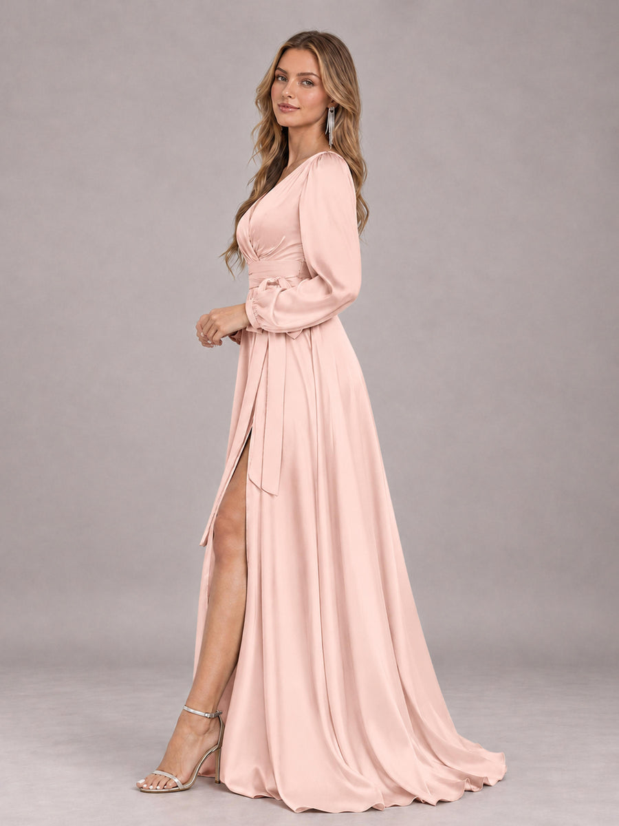 Blush Pink Gorgeous V-Neck Long Sleeves Pleated Satin Formal Bridesmaid Dresses With Slit