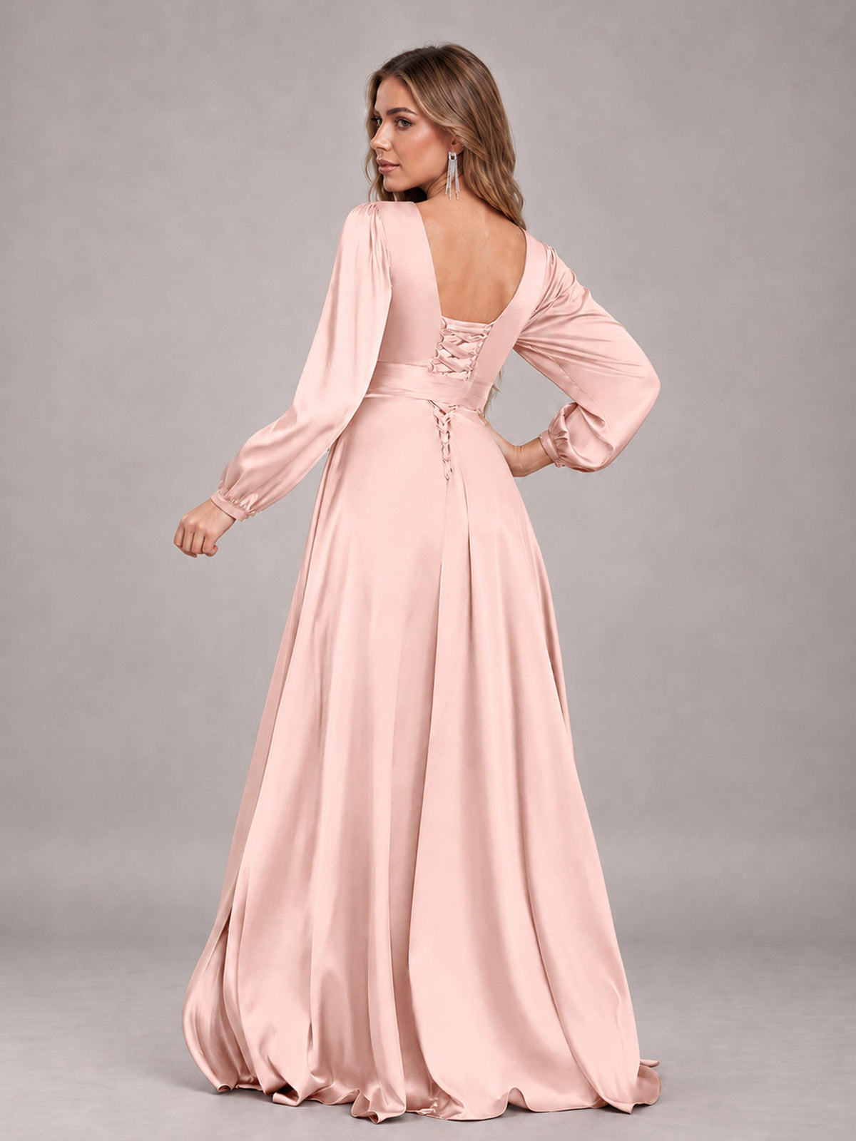 Blush Pink Gorgeous V-Neck Long Sleeves Pleated Satin Formal Bridesmaid Dresses With Slit