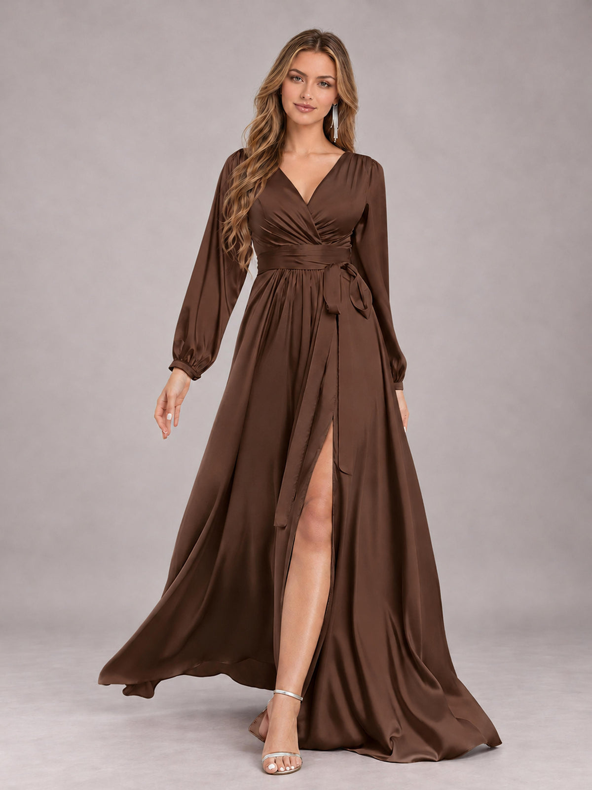 Brown Gorgeous V-Neck Long Sleeves Pleated Satin Formal Bridesmaid Dresses With Slit