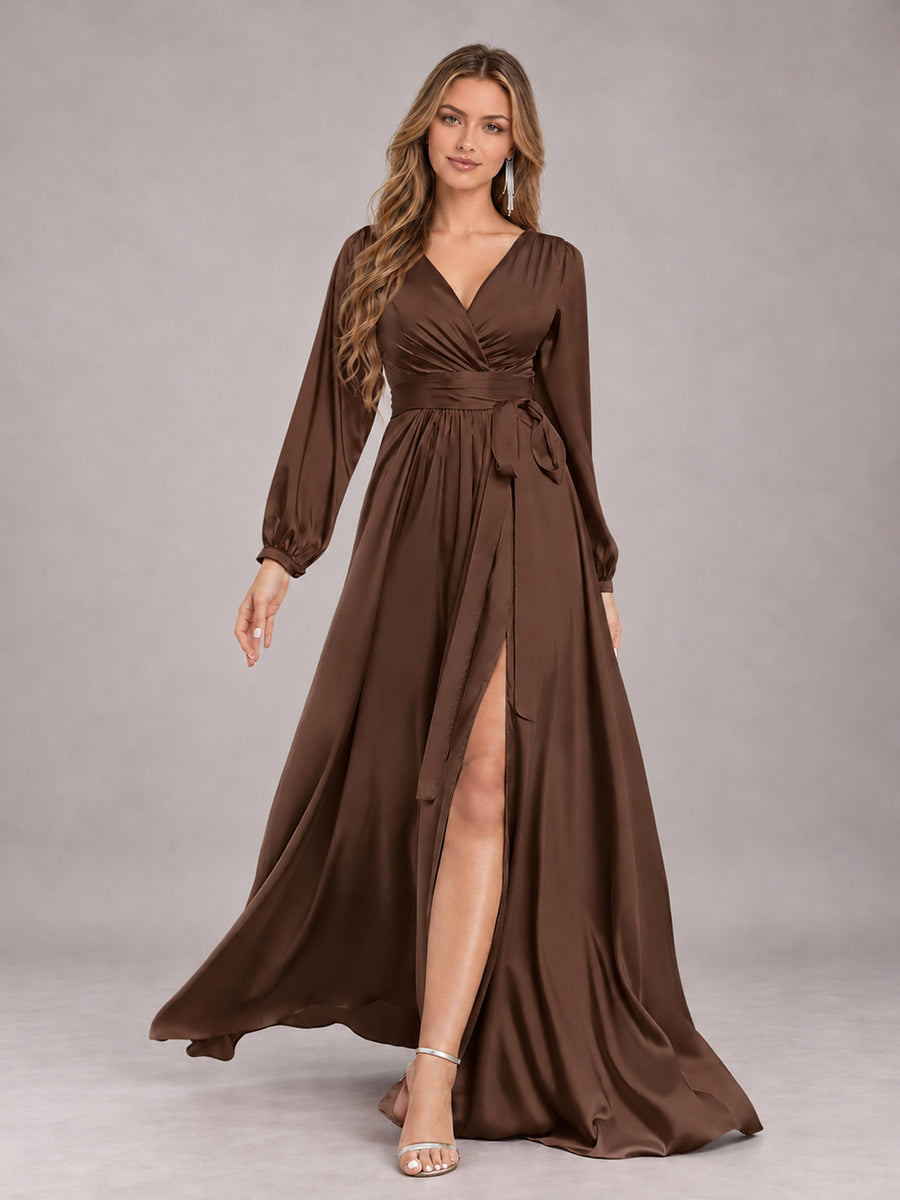 Brown Gorgeous V-Neck Long Sleeves Pleated Satin Formal Bridesmaid Dresses With Slit