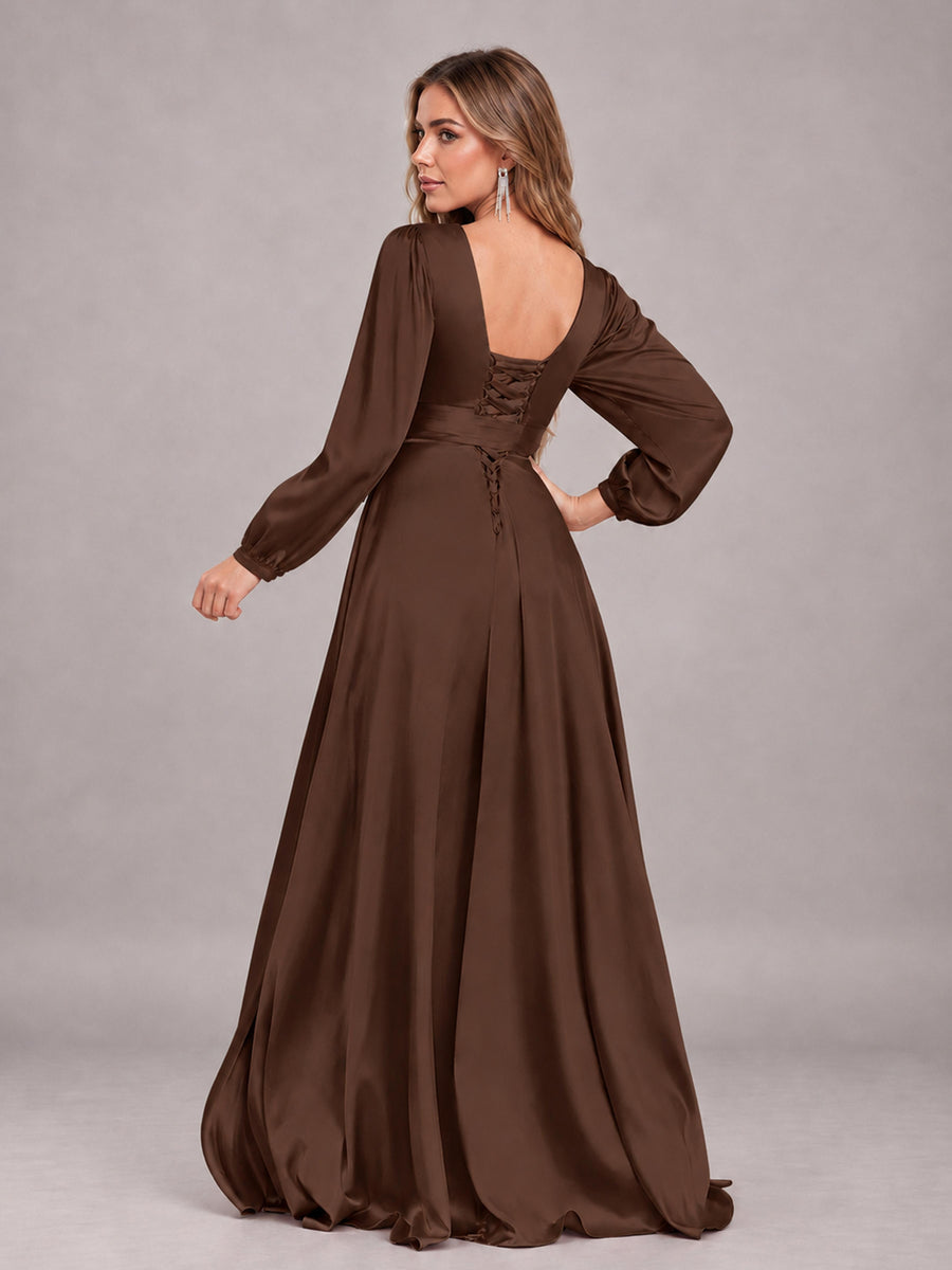 Brown Gorgeous V-Neck Long Sleeves Pleated Satin Formal Bridesmaid Dresses With Slit