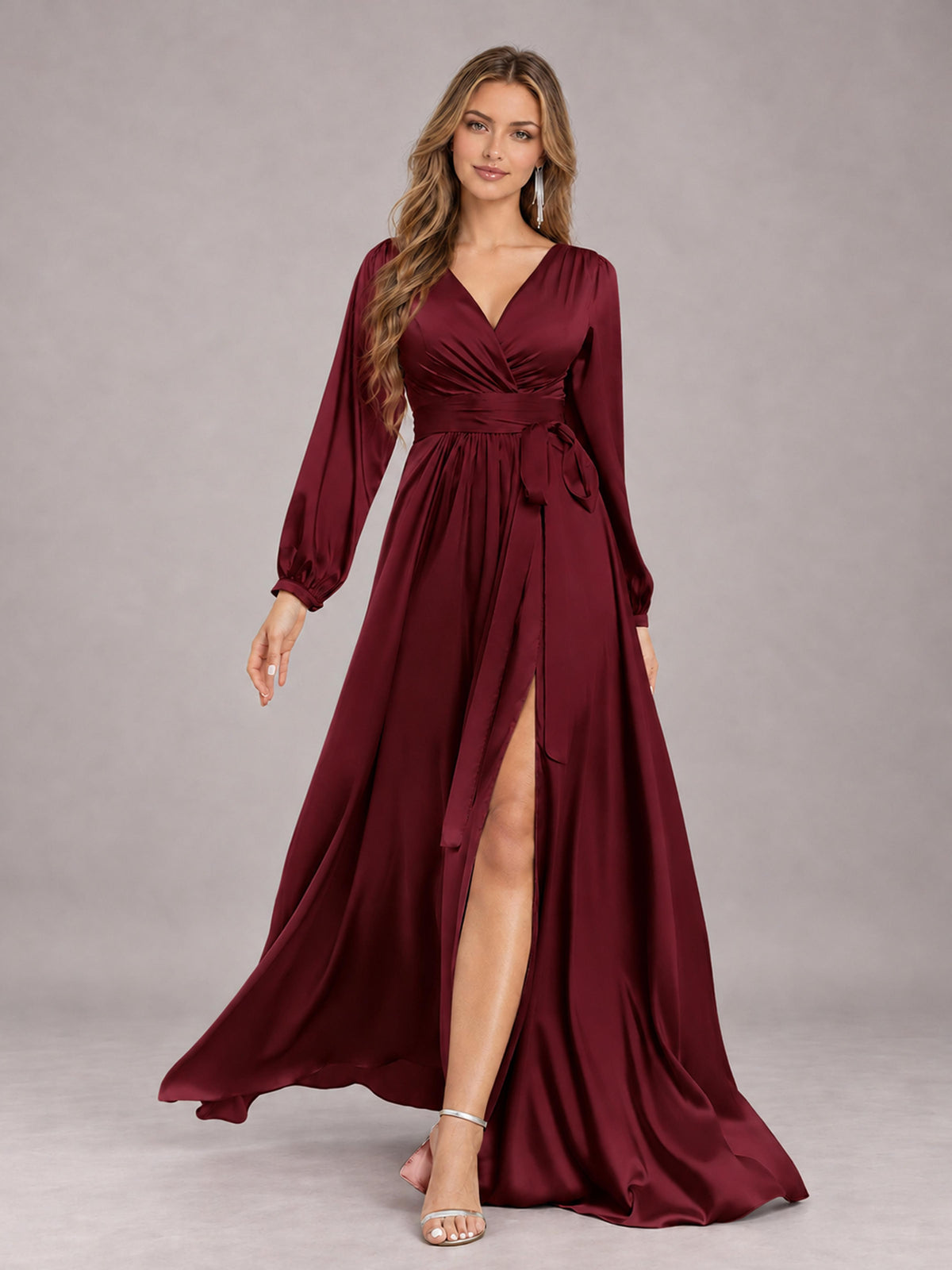 Burgundy Gorgeous V-Neck Long Sleeves Pleated Satin Formal Bridesmaid Dresses With Slit