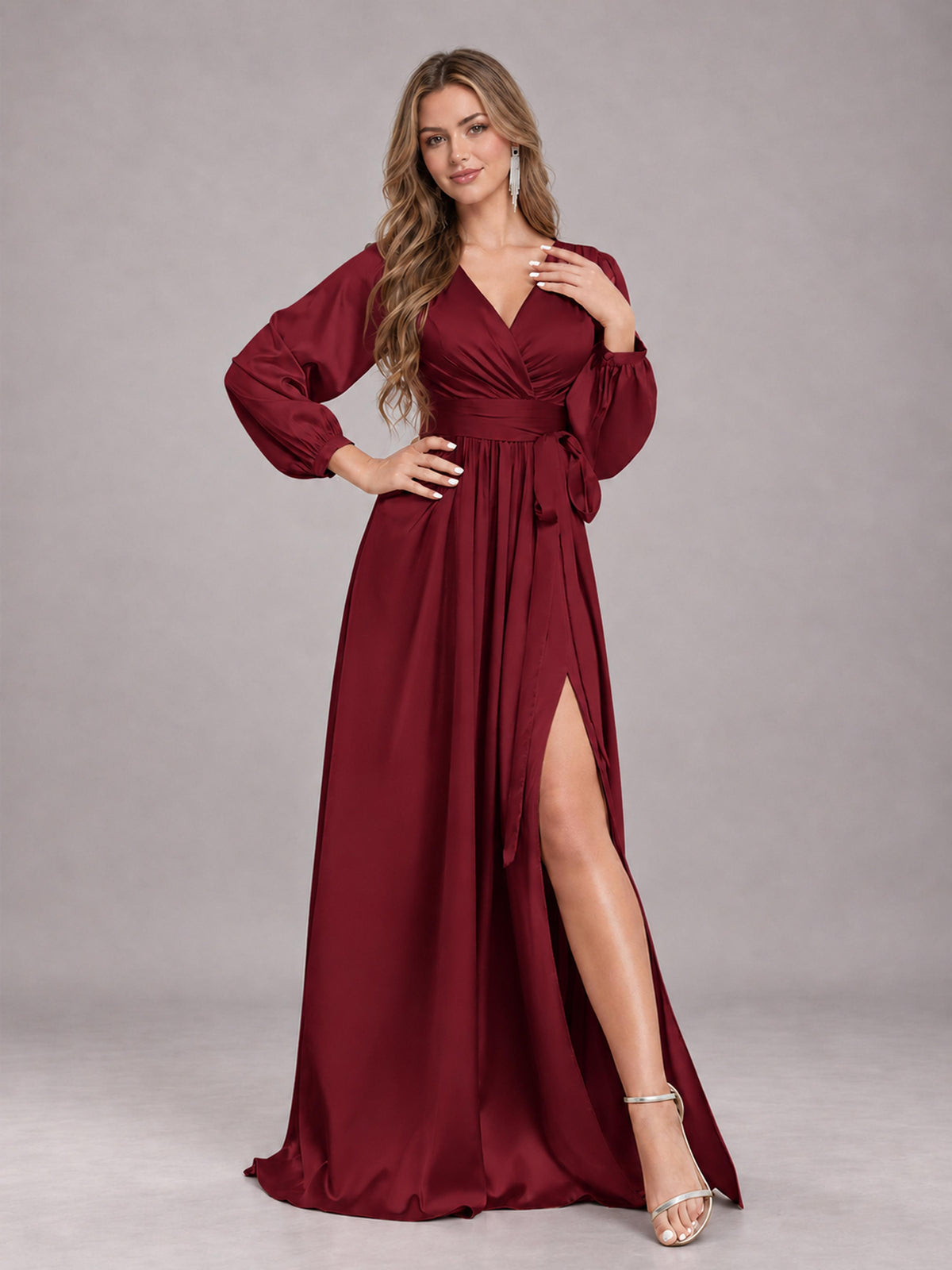 Burgundy Gorgeous V-Neck Long Sleeves Pleated Satin Formal Bridesmaid Dresses With Slit