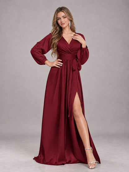 Burgundy Gorgeous V-Neck Long Sleeves Pleated Satin Formal Bridesmaid Dresses With Slit
