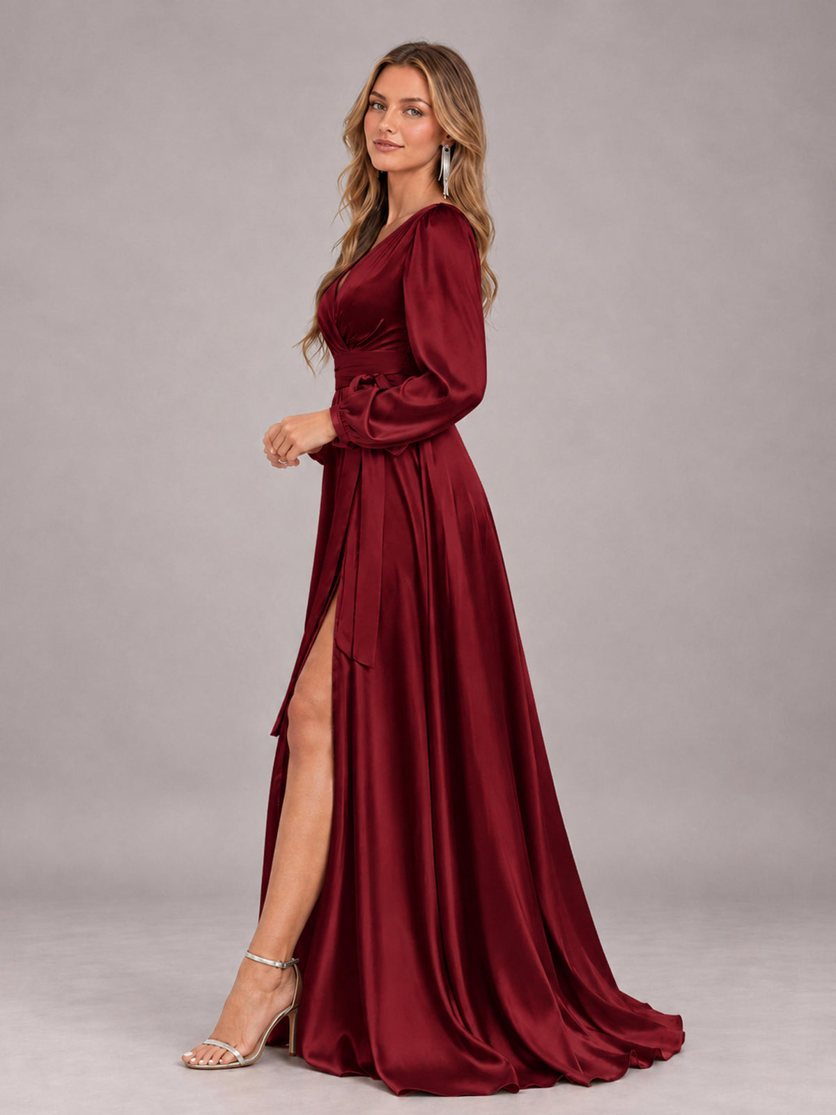 Burgundy Gorgeous V-Neck Long Sleeves Pleated Satin Formal Bridesmaid Dresses With Slit