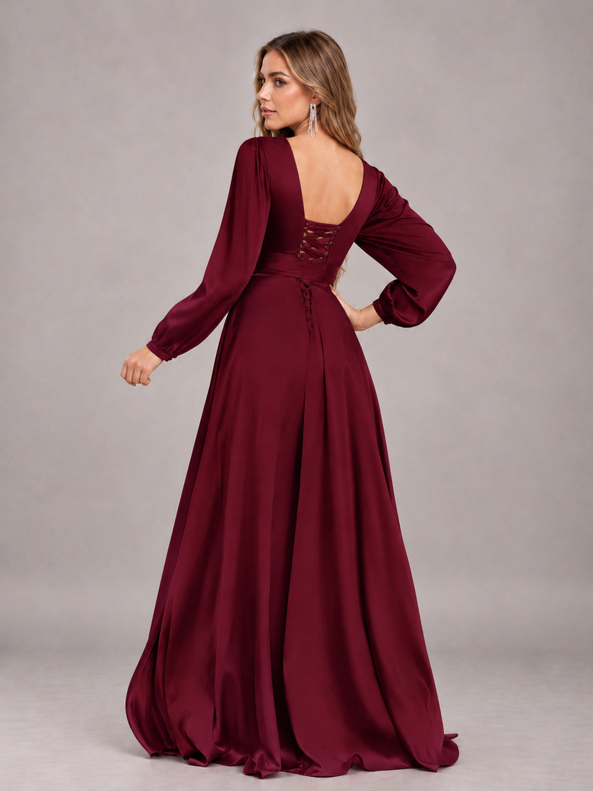 Burgundy Gorgeous V-Neck Long Sleeves Pleated Satin Formal Bridesmaid Dresses With Slit