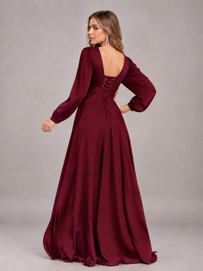 Burgundy Gorgeous V-Neck Long Sleeves Pleated Satin Formal Bridesmaid Dresses With Slit
