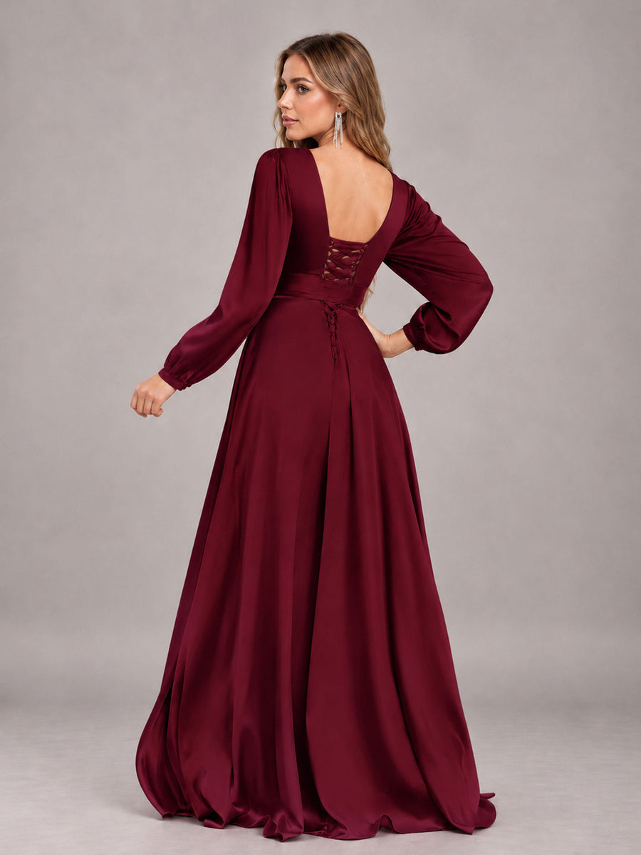 Burgundy Gorgeous V-Neck Long Sleeves Pleated Satin Formal Bridesmaid Dresses With Slit