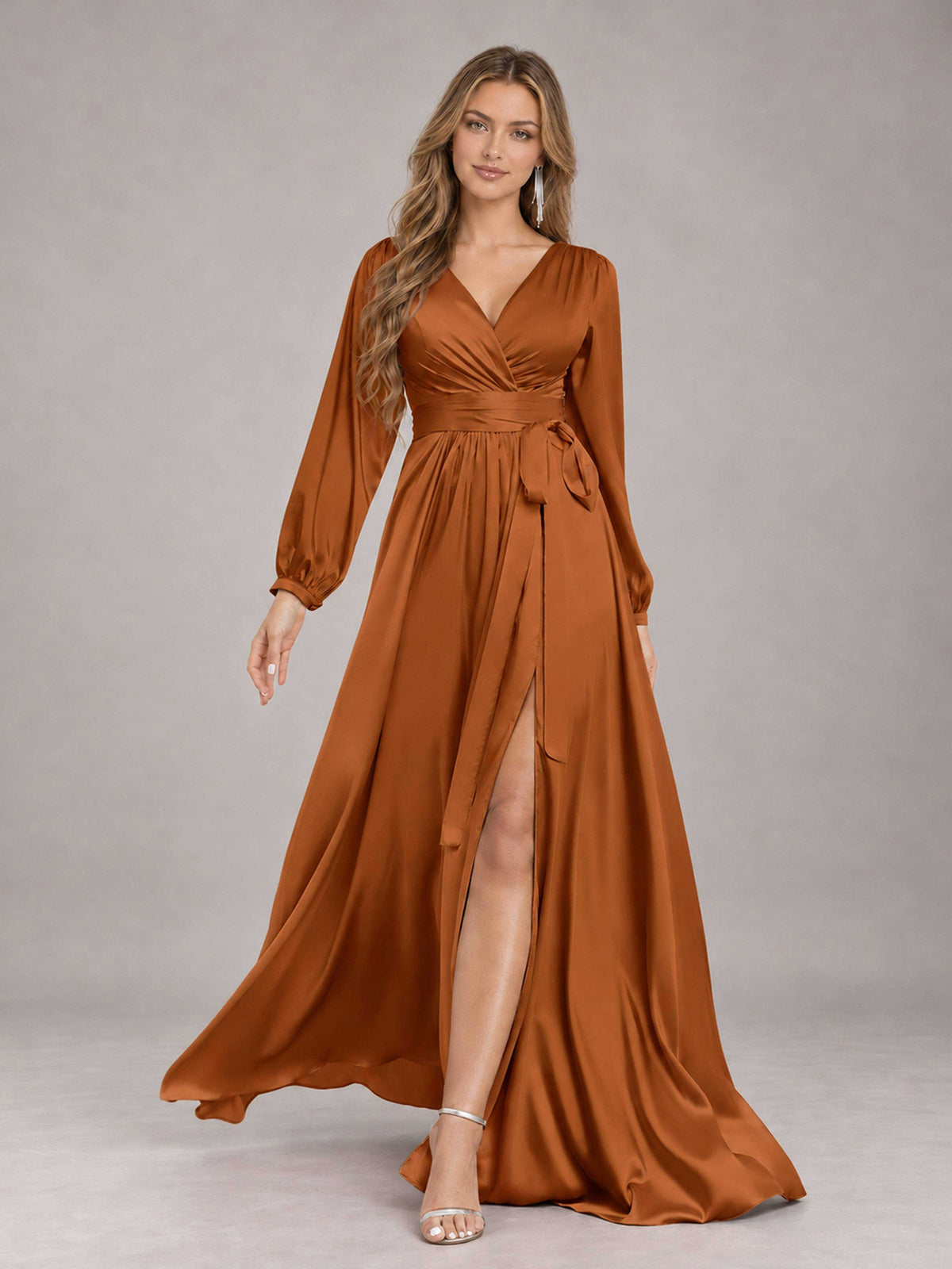 Burnt Orange Gorgeous V-Neck Long Sleeves Pleated Satin Formal Bridesmaid Dresses With Slit