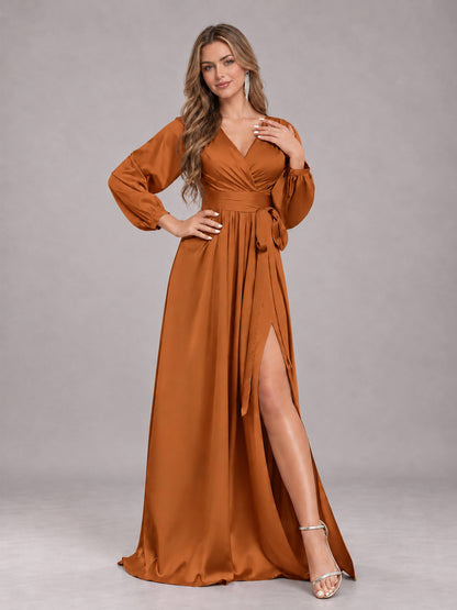 Burnt Orange Gorgeous V-Neck Long Sleeves Pleated Satin Formal Bridesmaid Dresses With Slit