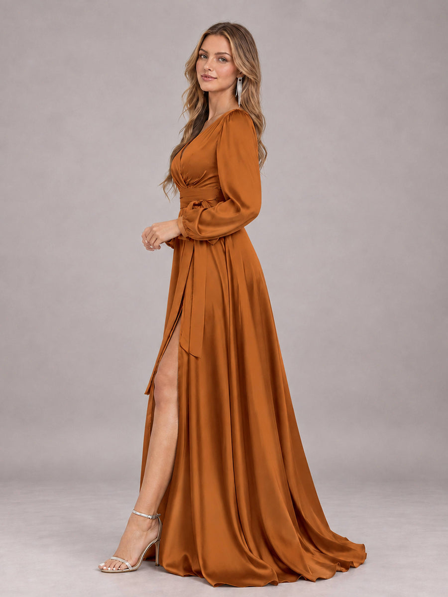 Burnt Orange Gorgeous V-Neck Long Sleeves Pleated Satin Formal Bridesmaid Dresses With Slit