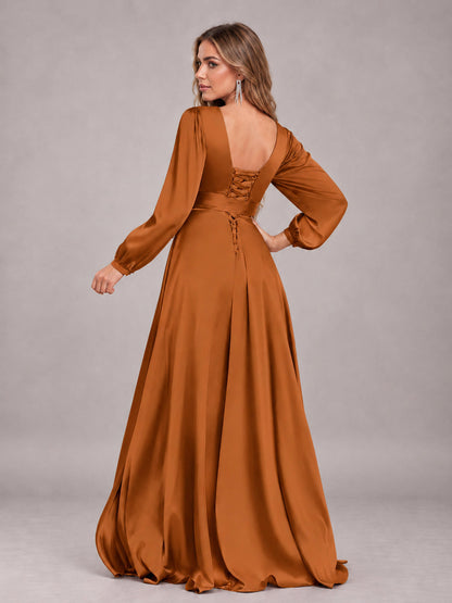 Burnt Orange Gorgeous V-Neck Long Sleeves Pleated Satin Formal Bridesmaid Dresses With Slit