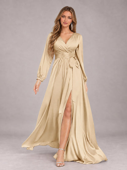 Champagne Gorgeous V-Neck Long Sleeves Pleated Satin Formal Bridesmaid Dresses With Slit