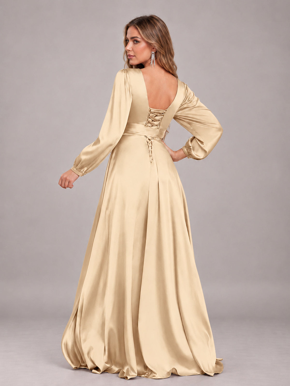 Champagne Gorgeous V-Neck Long Sleeves Pleated Satin Formal Bridesmaid Dresses With Slit