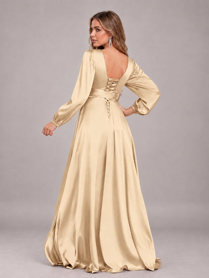 Champagne Gorgeous V-Neck Long Sleeves Pleated Satin Formal Bridesmaid Dresses With Slit