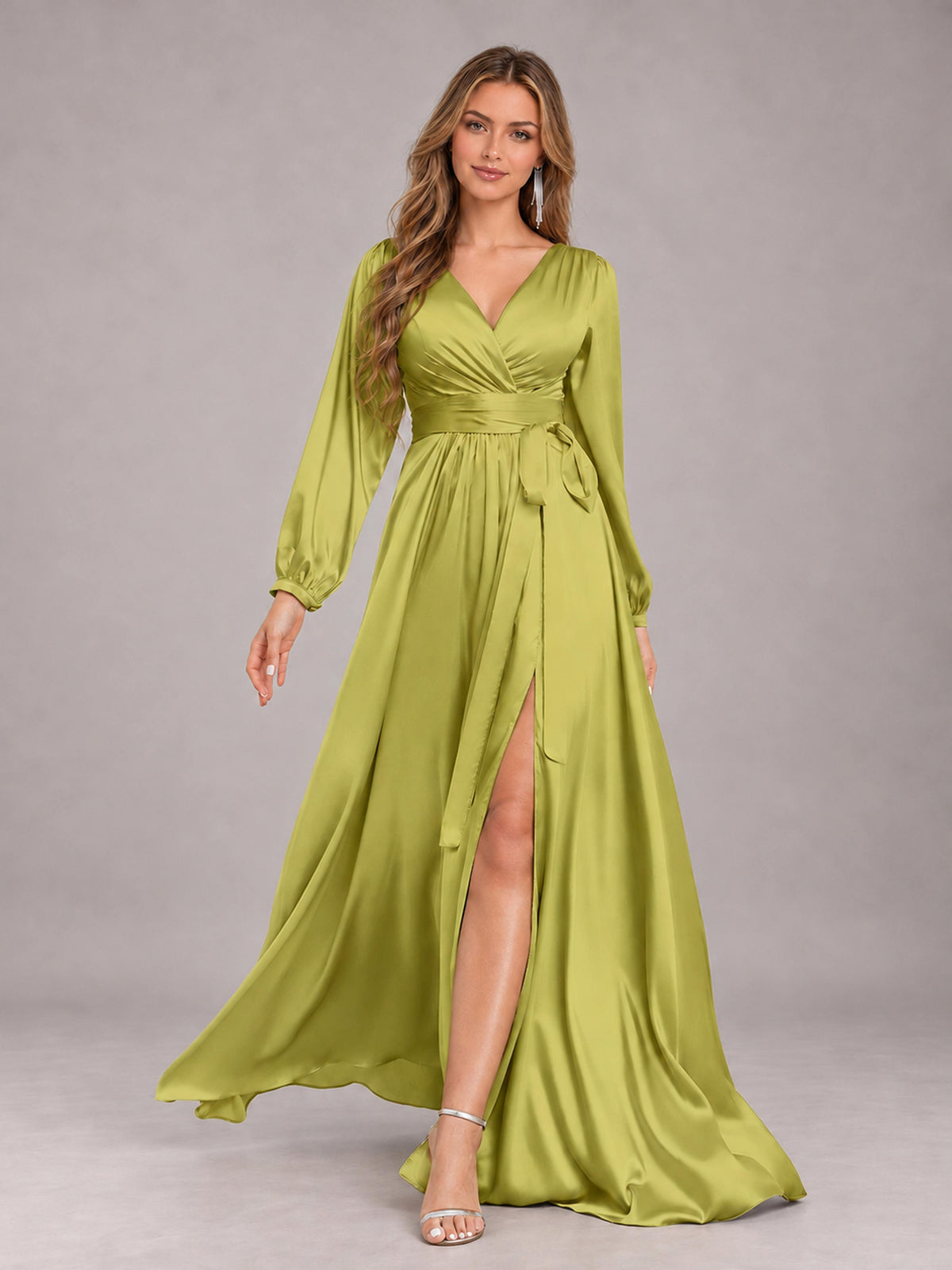 Chartreuse Gorgeous V-Neck Long Sleeves Pleated Satin Formal Bridesmaid Dresses With Slit