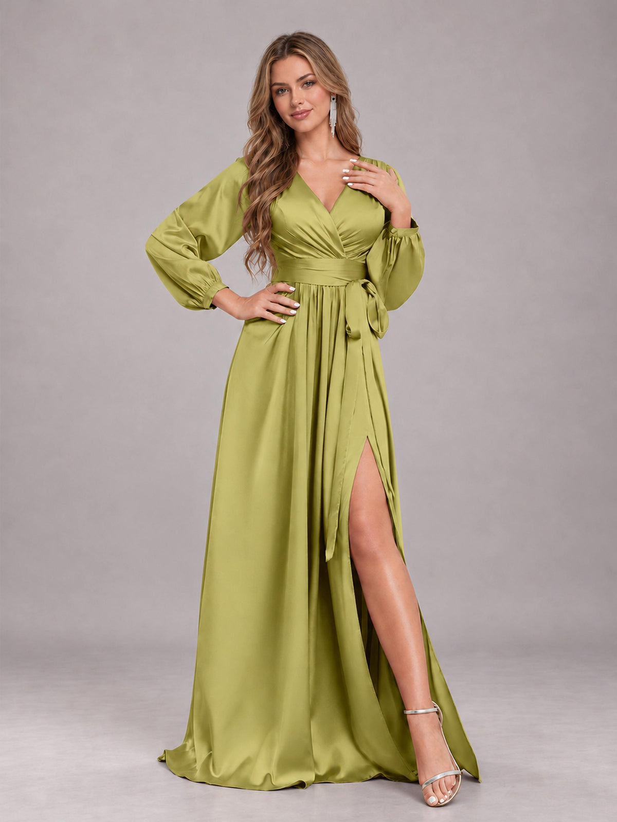Chartreuse Gorgeous V-Neck Long Sleeves Pleated Satin Formal Bridesmaid Dresses With Slit