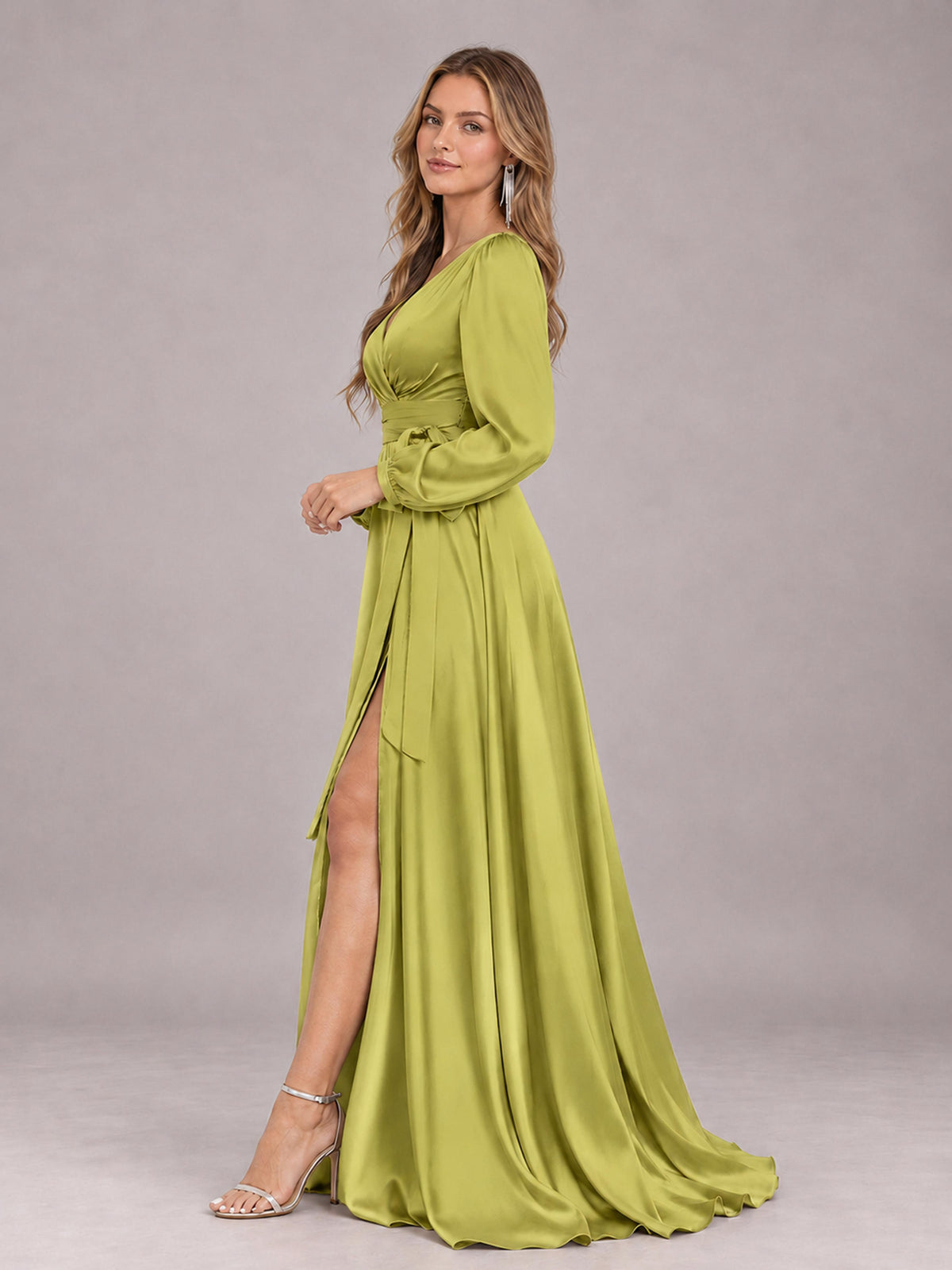 Chartreuse Gorgeous V-Neck Long Sleeves Pleated Satin Formal Bridesmaid Dresses With Slit