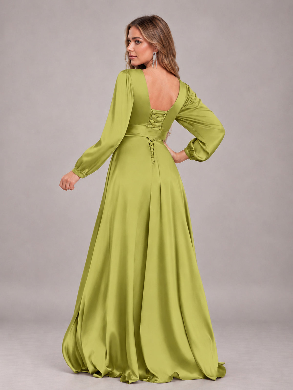 Chartreuse Gorgeous V-Neck Long Sleeves Pleated Satin Formal Bridesmaid Dresses With Slit