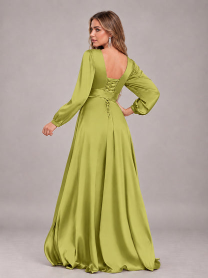 Chartreuse Gorgeous V-Neck Long Sleeves Pleated Satin Formal Bridesmaid Dresses With Slit