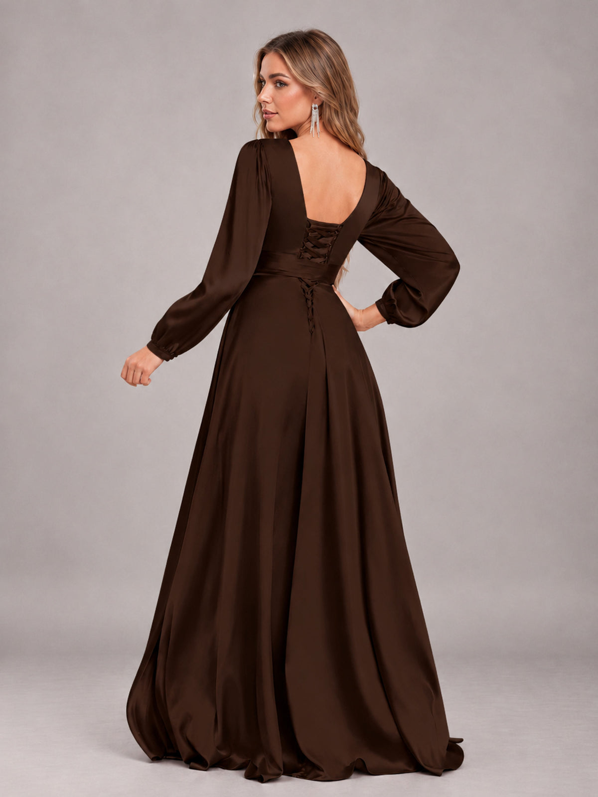 Chocolate Gorgeous V-Neck Long Sleeves Pleated Satin Formal Bridesmaid Dresses With Slit