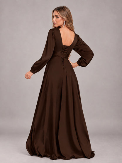 Chocolate Gorgeous V-Neck Long Sleeves Pleated Satin Formal Bridesmaid Dresses With Slit